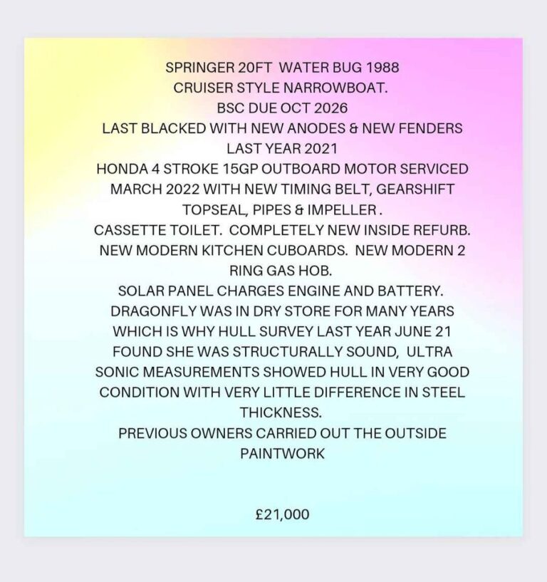 20ft Spinger Narrowboat For Sale 2 768x817